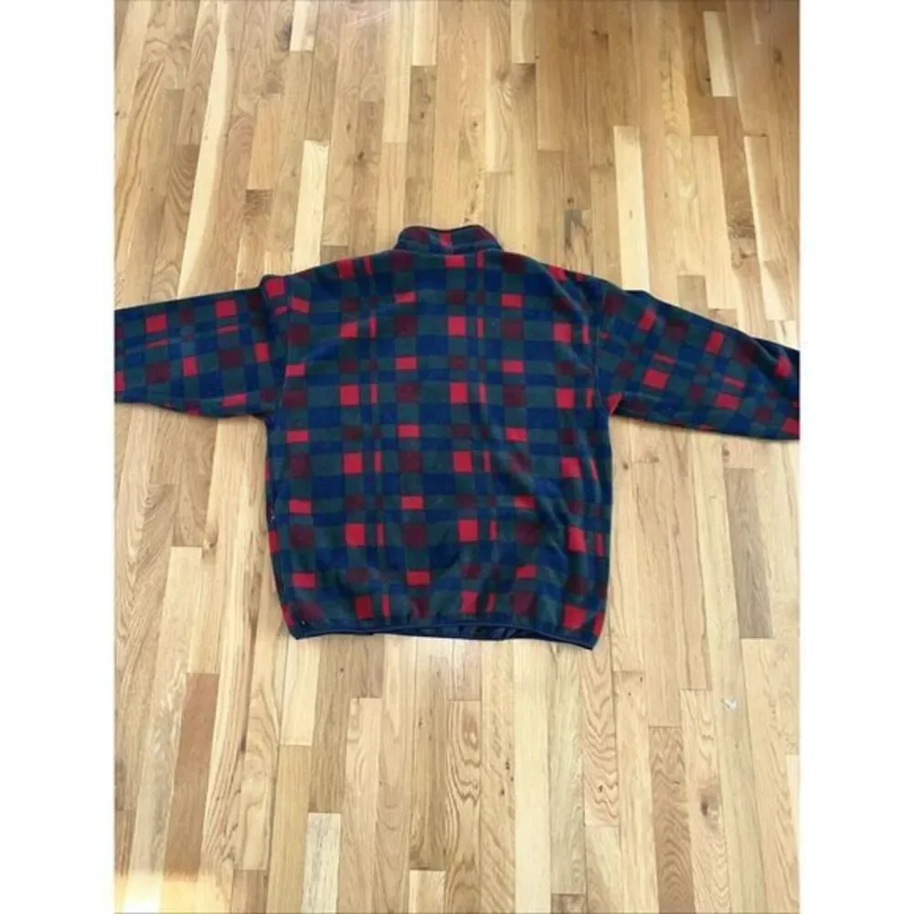 VTG SEARS TRADER BAY WESTERN PLAID FLEECE JACKET 1/4 ZIP RETRO GREEN RED MENS XL
